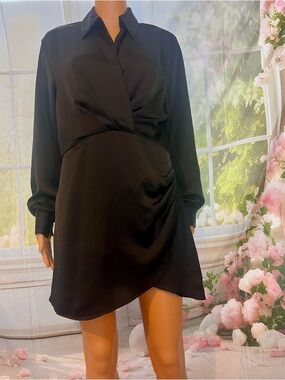 Black Long-Sleeve Draped Wrap Shirt Dress